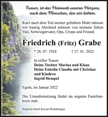 Traueranzeige von Friedrich (Fritz) Grabe  von Magdeburger Volksstimme