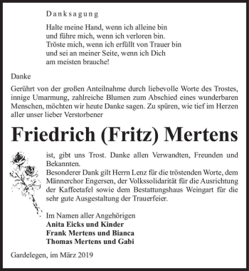 Traueranzeige von Friedrich (Fritz) Mertens  von Magdeburger Volksstimme