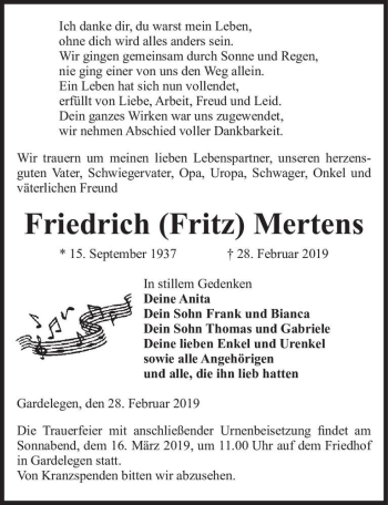 Traueranzeige von Friedrich (Fritz) Mertens  von Magdeburger Volksstimme