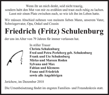 Traueranzeige von Friedrich (Fritz) Schulenburg  von Magdeburger Volksstimme