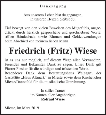 Traueranzeige von Friedrich (Fritz) Wiese  von Magdeburger Volksstimme