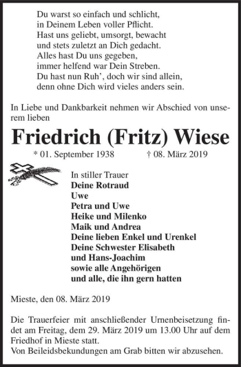 Traueranzeige von Friedrich (Fritz) Wiese  von Magdeburger Volksstimme