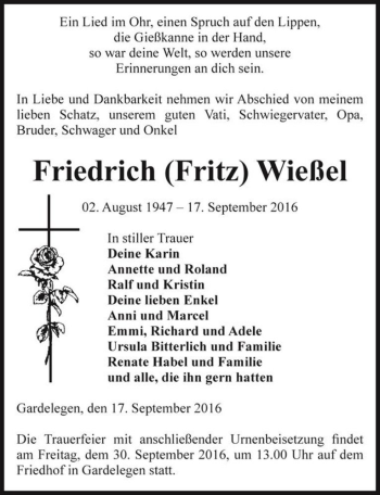 Traueranzeige von Friedrich (Fritz) Wießel  von Magdeburger Volksstimme