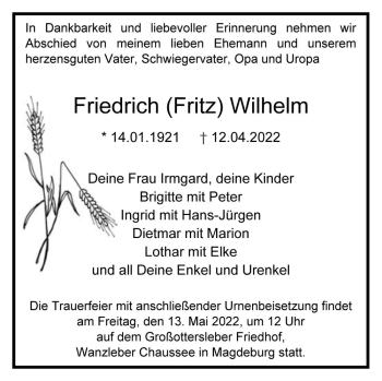 Traueranzeige von Friedrich (Fritz) Wilhelm  von Magdeburger Volksstimme