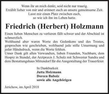 Traueranzeige von Friedrich (Herbert) Holzmann  von Magdeburger Volksstimme