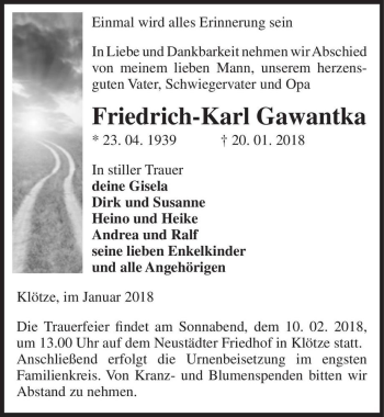 Traueranzeige von Friedrich-Karl Gawantka  von Magdeburger Volksstimme