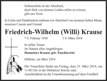 Traueranzeige von Friedrich-Wilhelm (Willi) Krause  von Magdeburger Volksstimme