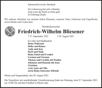 Traueranzeige von Friedrich-Wilhelm Bliesener  von Magdeburger Volksstimme