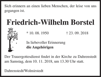 Traueranzeige von Friedrich-Wilhelm Borstel  von Magdeburger Volksstimme