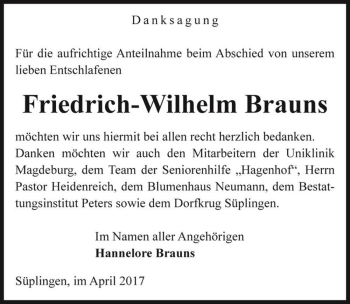 Traueranzeige von Friedrich-Wilhelm Brauns  von Magdeburger Volksstimme
