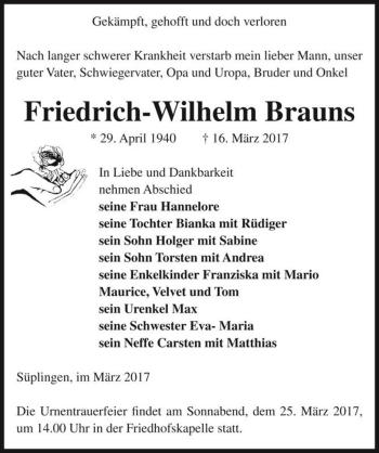 Traueranzeige von Friedrich-Wilhelm Brauns  von Magdeburger Volksstimme