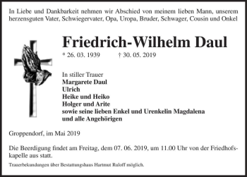 Traueranzeige von Friedrich-Wilhelm Daul  von Magdeburger Volksstimme