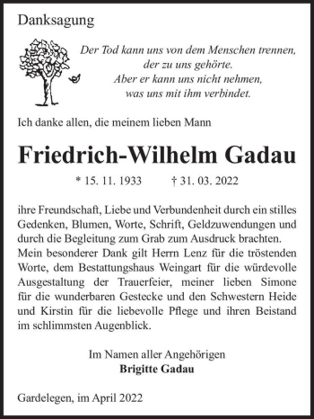 Traueranzeige von Friedrich-Wilhelm Gadau  von Magdeburger Volksstimme