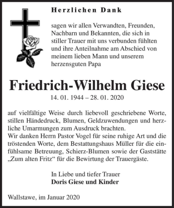 Traueranzeige von Friedrich-Wilhelm Giese  von Magdeburger Volksstimme