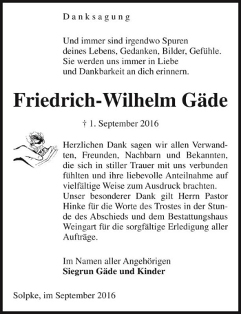 Traueranzeige von Friedrich-Wilhelm Gäde  von Magdeburger Volksstimme