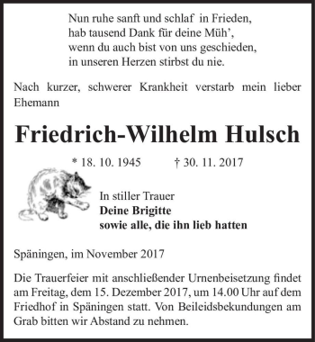 Traueranzeige von Friedrich-Wilhelm Husch  von Magdeburger Volksstimme