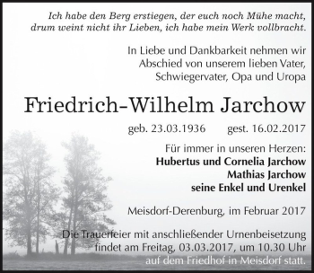 Traueranzeige von Friedrich-Wilhelm Jarchow  von Magdeburger Volksstimme