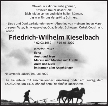 Traueranzeige von Friedrich-Wilhelm Kieselbach  von Magdeburger Volksstimme