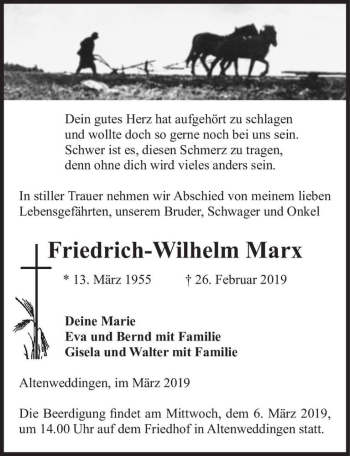 Traueranzeige von Friedrich-Wilhelm Marx  von Magdeburger Volksstimme