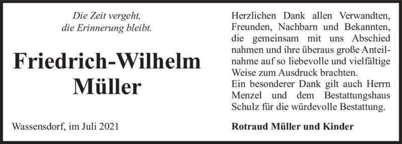  Traueranzeige für Friedrich-Wilhelm Müller  vom 17.07.2021 aus Magdeburger Volksstimme