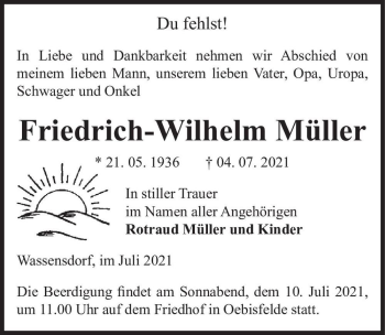 Traueranzeige von Friedrich-Wilhelm Müller  von Magdeburger Volksstimme
