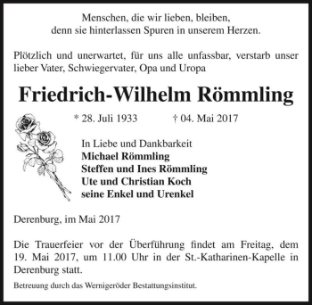Traueranzeige von Friedrich-Wilhelm Römmling  von Magdeburger Volksstimme