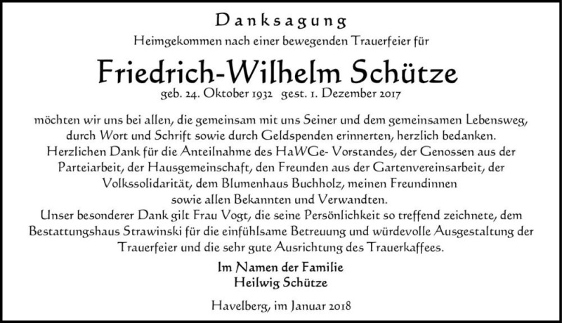  Traueranzeige für Friedrich-Wilhelm Schütze  vom 13.01.2018 aus Magdeburger Volksstimme