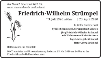 Traueranzeige von Friedrich-Wilhelm Strümpel  von Magdeburger Volksstimme