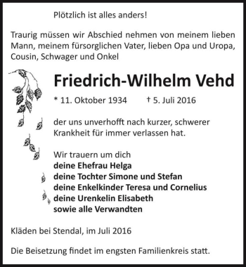 Traueranzeige von Friedrich-Wilhelm Vehd  von Magdeburger Volksstimme
