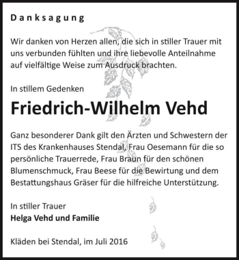 Traueranzeige von Friedrich-Wilhelm Vehd  von Magdeburger Volksstimme