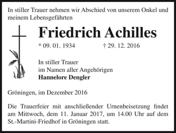 Traueranzeige von Friedrich Achilles  von Magdeburger Volksstimme