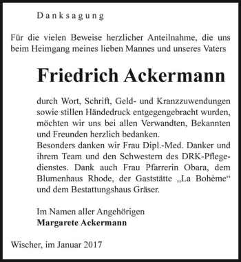 Traueranzeige von Friedrich Ackermann  von Magdeburger Volksstimme