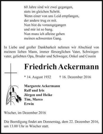 Traueranzeige von Friedrich Ackermann  von Magdeburger Volksstimme