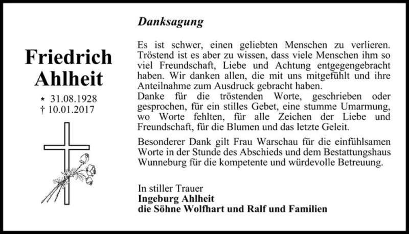  Traueranzeige für Friedrich Ahlheit  vom 04.02.2017 aus Magdeburger Volksstimme