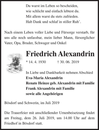 Traueranzeige von Friedrich Alexandrin  von Magdeburger Volksstimme