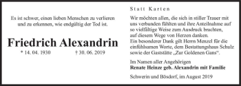 Traueranzeige von Friedrich Alexandrin  von Magdeburger Volksstimme