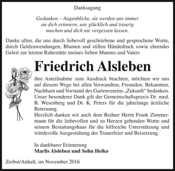 Traueranzeige von Friedrich Alsleben  von Magdeburger Volksstimme