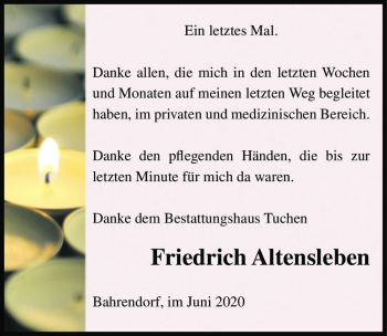 Traueranzeige von Friedrich Altensleben  von Magdeburger Volksstimme