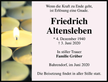 Traueranzeige von Friedrich Altensleben  von Magdeburger Volksstimme