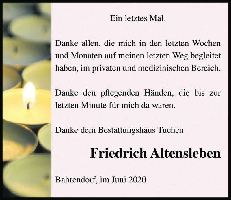  Traueranzeige für Friedrich Altensleben  vom 27.06.2020 aus Magdeburger Volksstimme