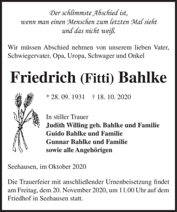 Traueranzeige von Friedrich Bahlke  von Magdeburger Volksstimme