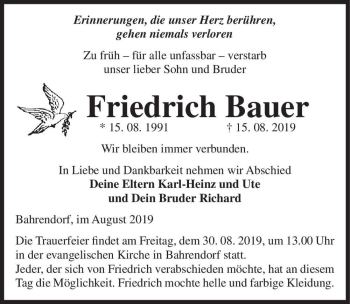 Traueranzeige von Friedrich Bauer  von Magdeburger Volksstimme