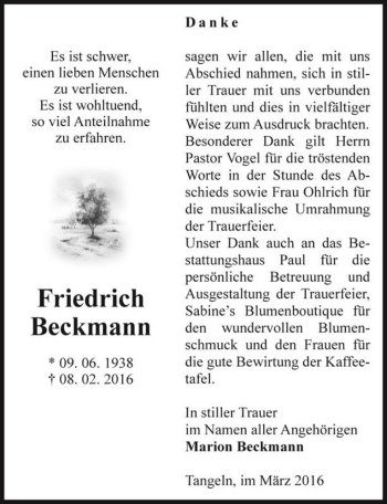 Traueranzeige von Friedrich Beckmann  von Magdeburger Volksstimme