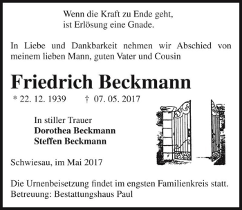 Traueranzeige von Friedrich Beckmann  von Magdeburger Volksstimme