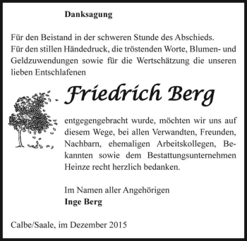 Traueranzeige von Friedrich Berg  von Magdeburger Volksstimme
