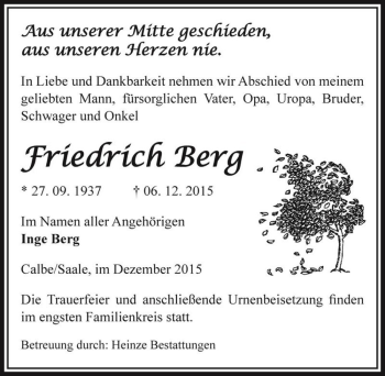 Traueranzeige von Friedrich Berg  von Magdeburger Volksstimme