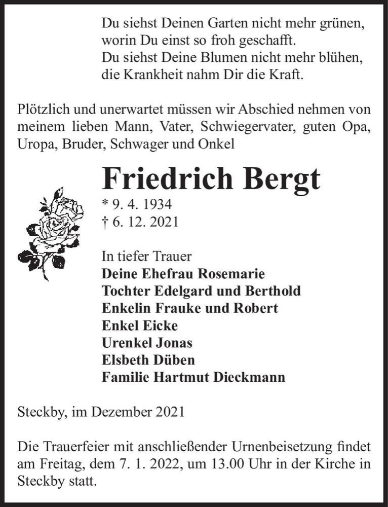  Traueranzeige für Friedrich Bergt  vom 24.12.2021 aus Magdeburger Volksstimme