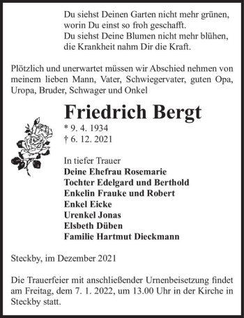 Traueranzeige von Friedrich Bergt  von Magdeburger Volksstimme