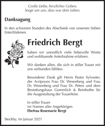 Traueranzeige von Friedrich Bergt  von Magdeburger Volksstimme