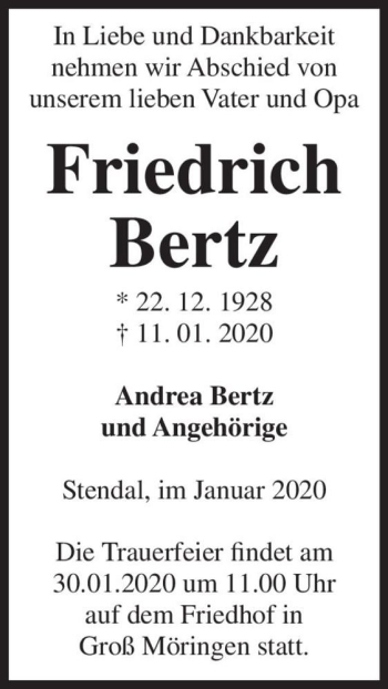 Traueranzeige von Friedrich Bertz  von Magdeburger Volksstimme